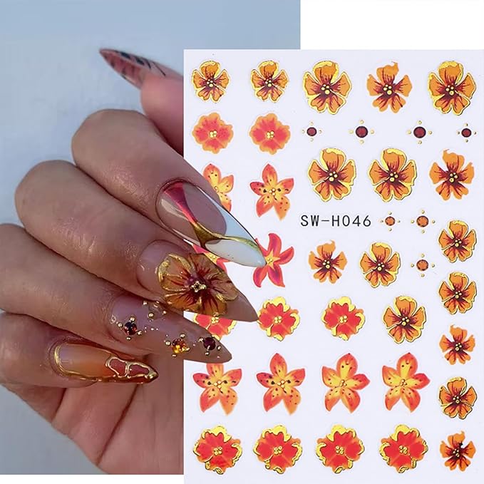 Flower Nail Stickers for Nail Art 3D Self-Adhesive Lily Hibiscus Tulip Flowers Nail Stickers Fall Floral Nail Decals Supplies for Women DIY Manicure Supplies Accessories 4 Sheets