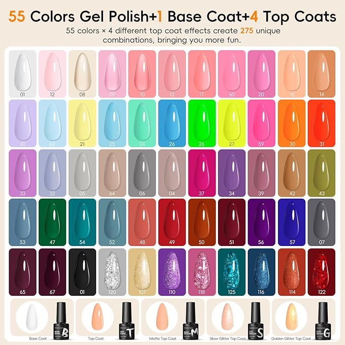 Peacecolor 60PCs Gel Nail Polish Set 55 Colors Gel Polish Kit with Glossy/Matte/Glitter 5Pcs Top Coat & Base Coat Soak Off U V Lamp Glitter Pink White All Seasons Nail Kit Gifts for Women