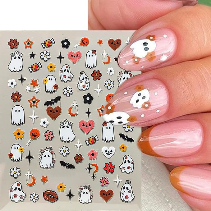 4Pcs Halloween Nail Art Stickers 3D Self Adhesive Cute Spider Ghost Nails Decals Bat Spider Web Maple Leaf Pumpkin Design Fall Nail Stickers Holiday Nails Supplies for Women Halloween Manicure Decor