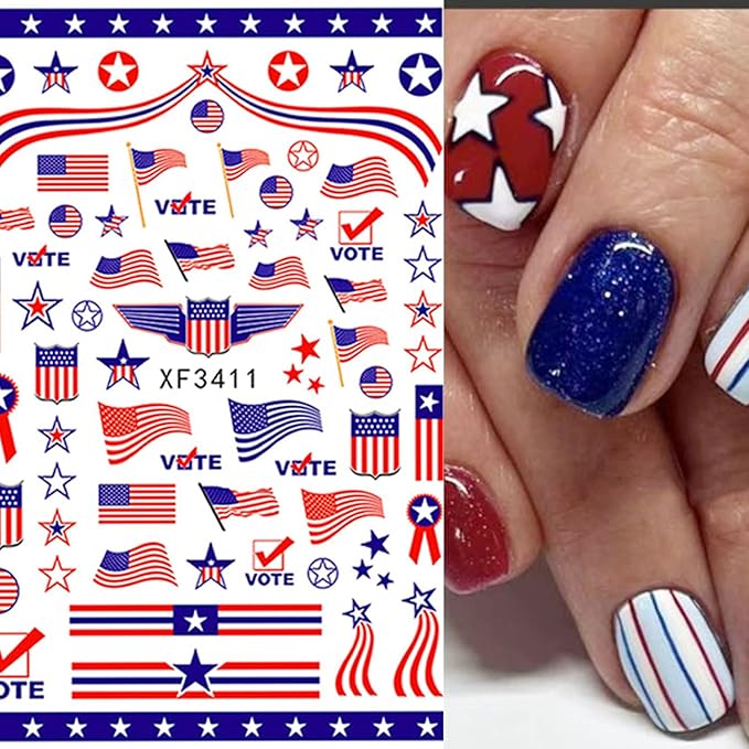 8 Sheets Independence Day Nail Stickers Blue Red Nail Decals Flag Love with Design Nail Decals for Nail Art 3D Self-Adhesive Nail Decoration for Women 4th of July Acrylic Nails Supplies