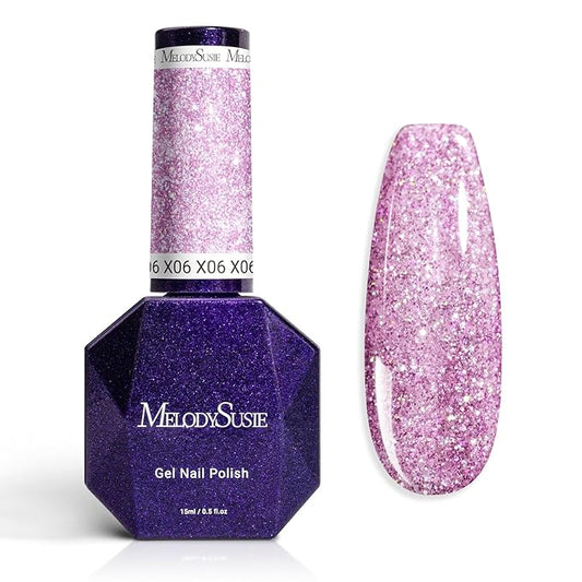 MelodySusie Galaliver Glitter Gel Nail Polish, 15ML Sparkly Shimmer Gel Polish Soak Off UV LED Cured Long Lasting Gift for Women DIY Nail Design Nail Art Manicure Free Purple X06