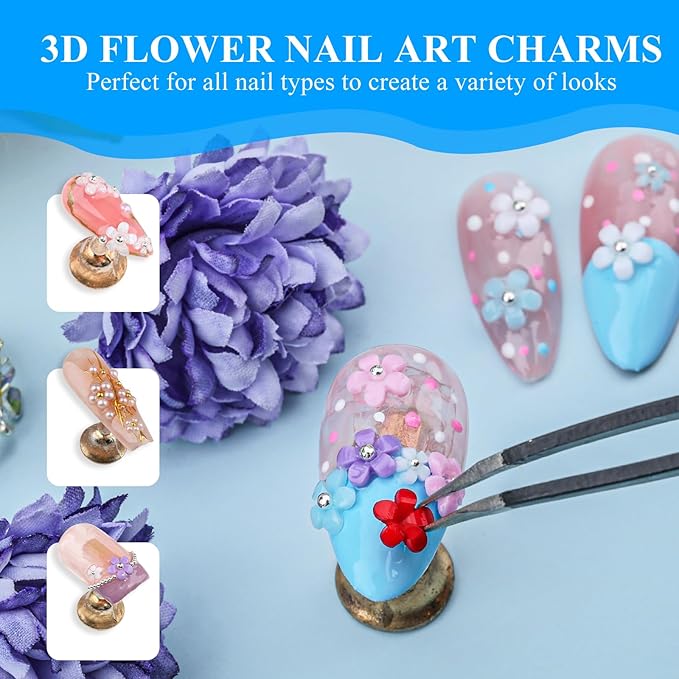 4 Boxes 3D Flower Nail Charms and Gems - Colorful Nail Flower Charms Crystal AB Clear Gemstones Silver/Gold Caviar Beads White/AB Pearls for Women DIY Manicure Crafts (22-S4-Colorful2)