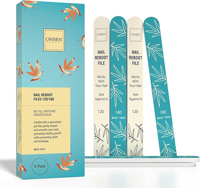 Onsen Secret Japanese Nail File - Professional 6-Pack Nail Files, Double Sided Natural & Acrylic Filers - 120/180 Grit - Disposable, Salon Smooth | Best Onsen File for Shiny Nails