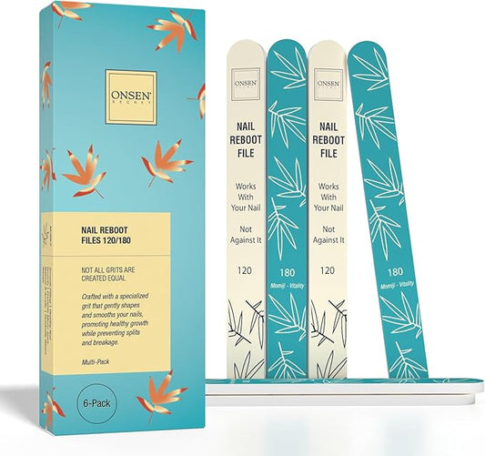 Onsen Secret Japanese Nail File - Professional 6-Pack Nail Files, Double Sided Natural & Acrylic Filers - 120/180 Grit - Disposable, Salon Smooth | Best Onsen File for Shiny Nails