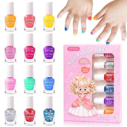 Kids Nail Polish Non-Toxic Nail Polishs 12 Colors Glitter Kids Nail Polish Set for Girls, Water-Based Peel-off Quick-Drying Nail Polish Toddler Perfect Birthday Gifts