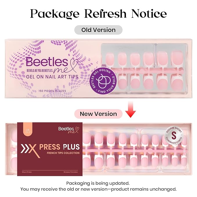 Beetles French Tip Press On Nails: 150 Pcs Pink Short Square Press On Nails 4 in 1 Nail Tips, Pre-Applied Primer & Base Coat, No File Need DIY Manicure for Fake Nails Extension Gifts for Women