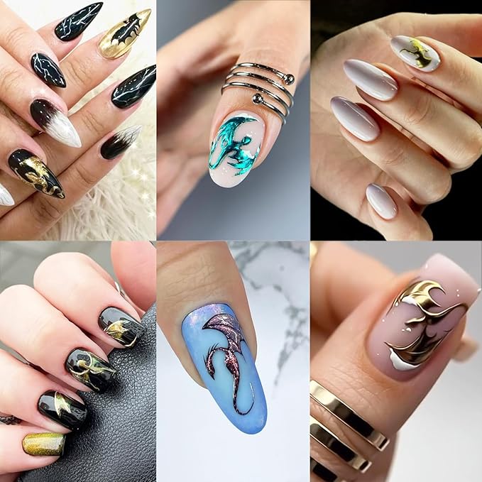 6 Sheets Halloween Nail Stickers for Nail Art Horror Bat Nail Decals Gold Silver Holographic Laser Gothic Dragon Nail Art Stickers 3D Self-Adhesive Halloween Bats Nail Design Supplies for Women