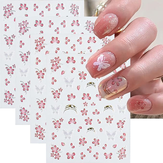 4 Sheets Pink Flower Nail Stickers for Nail Art Cherry Blossom Petals Nail Art Stickers Golden French Tip with Pink Floral Blossom Design Spring Summer Nail Decals Nail Supplies for Acrylic Manicure