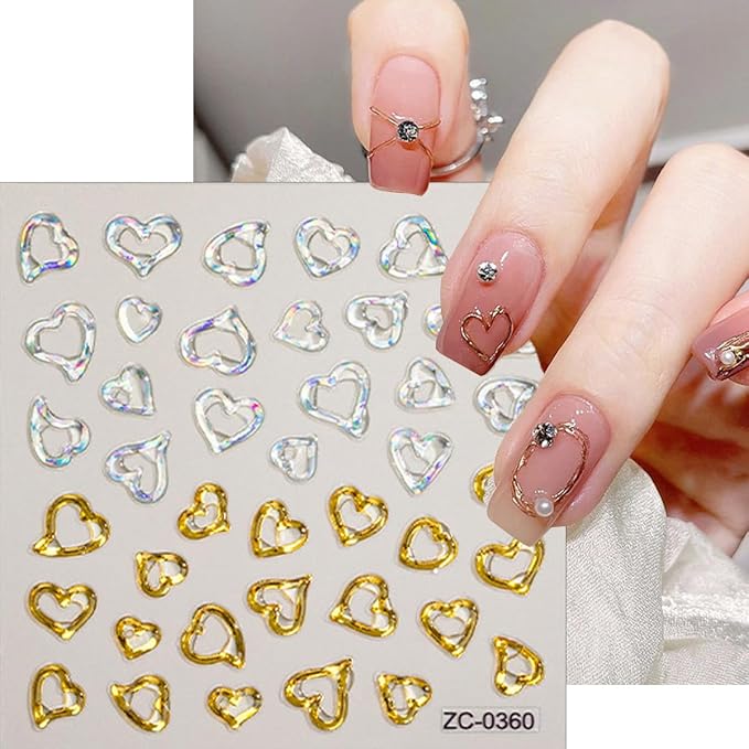 5D Embossed Gold Nail Art Stickers Crystal Soft Glue Irregular Geometric Coil Heart Nail Decals Self Adhesive Chrome Gold French Nail Stickers for Women DIY Nail Art Design Accessories 3 Sheets