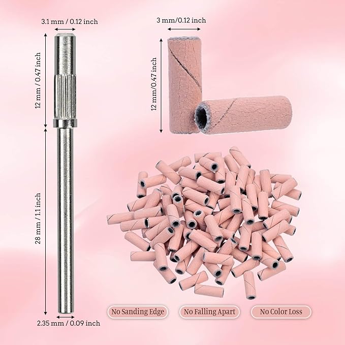 100 Pcs Nail Drill Bits Sanding Bands for Nail Drill, Nail Tips for Drill Bits Nail Tech,180 Fine Grit Nail File Sanding Bands for Acrylic Nails Gel Manicures and Pedicure, Pink