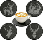 4Pcs Slate Coasters with Deer Pattern, Round 3.94 inch Cup Mats by LKKCHERDESIGN