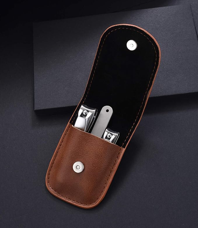 Nail Clipper Set - Stainless Steel Fingernail Clippers Toenail Curved Blades Nail Cutter and Nail File w/PU Sheath for Men Women