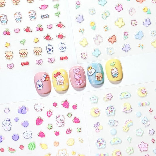 4 Sheets of 3D Nail Stickers - 289 Cute Nail Decals - Embossed Nail Stickers for Kids | Kawaii Theme - Butterfly, Flowers, Stars, Fruits, Bunny, Bears | Glow in The Dark