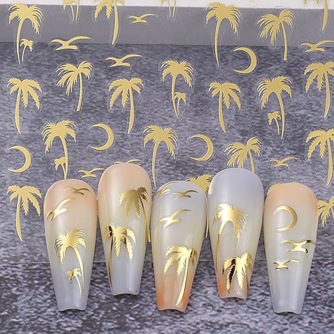 12 Sheets Palm Tree Nail Art Stickers, Holographic Black Gold Beach Theme Decals, Self-Adhesive 3D Tropical Seagulls Design for Summer Nail Decoration