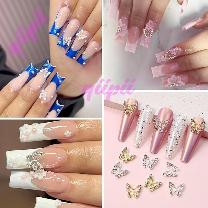 48pcs Butterfly Nail Charms Bulk 3D Golden Silver Butterflies Charms for Acrylic Nails, Nail Rhinestones Charms Alloy Studs Nail Art Jewels Diamonds Gems Decor Supplies for Nails Face Makeup