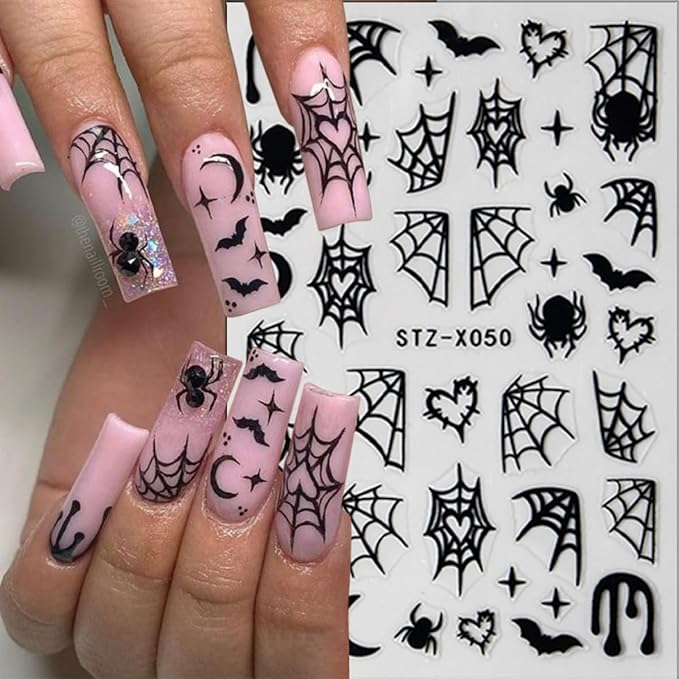 Halloween Spider Nail Stickers - 3D Black Spider Web Designs, Self-Adhesive Star & Bat Decals for Women's DIY Acrylic Nail Art, 6 Sheets