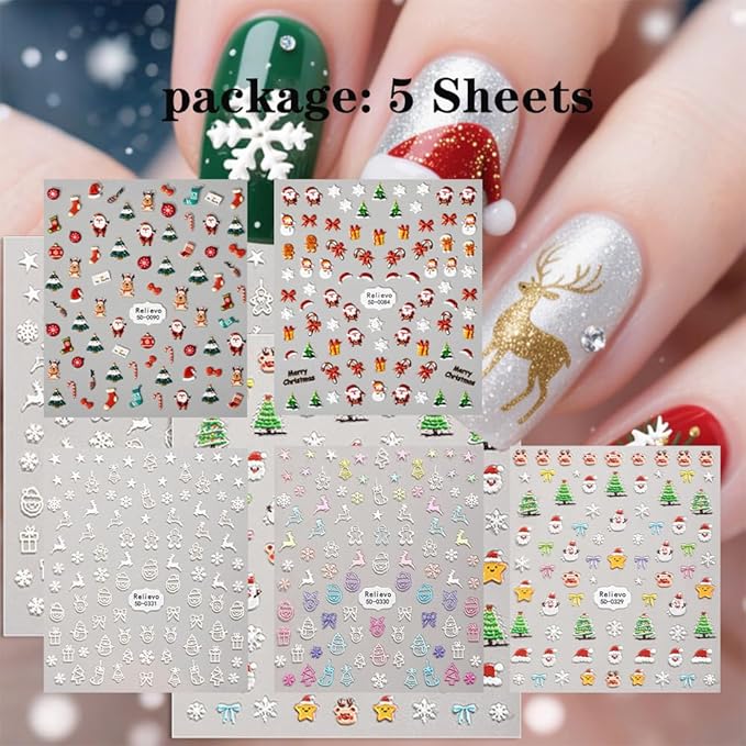 5 SheetsChristmas Nail Stickers for Nail Art, 5D Embossed Self-Adhesive Trees Nail Decals, Mushroom Nail Supplies Nail Art Design Accessories for Women and Girls Manicure DIY Decoration