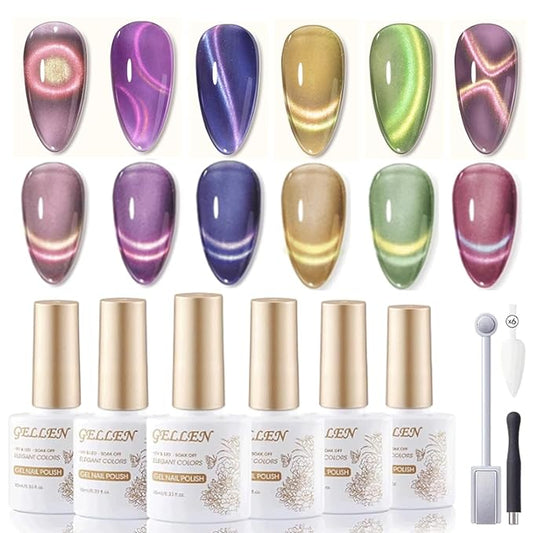 GELLEN 9D Cat Eye Gel Nail Polish, 6 Colors Magnetic Cat Eye Gel Polish Set with Magnets, Purple Blue Pink Yellow Green Holographic Galaxy Nail Polish, Glitter UV Gel Nail Kit for Salon Home Nail Art