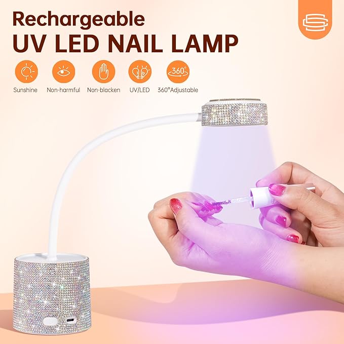 UV LED Nail Lamp, Mini UV Light for Gel Nails Polish, Rechargeable LED Flash Cure Nail Dryer, Quick Drying Goosenecks UV Nail Lamp for Home Nail Salon DIY Manicure, AB Diamond