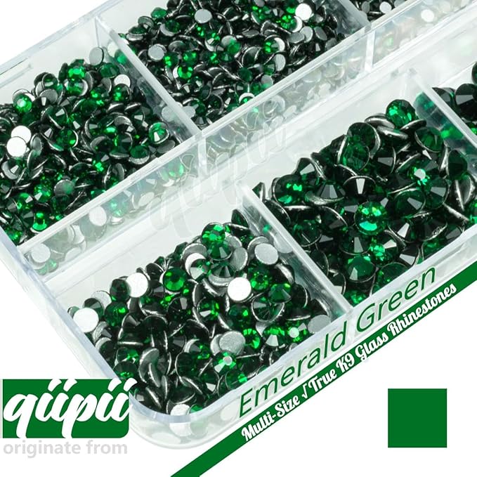 2550pcs Emerald Green Nail Art Flatback Rhinestones for Face Makeup Dark Green Nail Gems Gemstones K9 Glass SS4~SS20 6 Sizes Diamonds Stones Crystals w Tweezer & Picking Pen for Nails DIY Craft