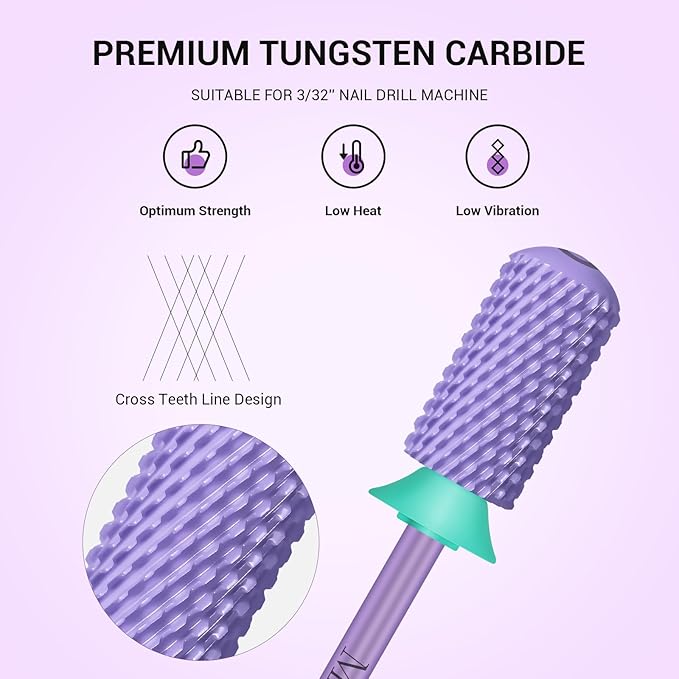 MelodySusie Safety Nail Drill Bits, 3/32'' Smooth Round Top Large Barrel Carbide Bits, Suitable for Manicure Pedicure Cuticle Gel Polishing, Beginners Bits, Purple, Series Bit-S, C