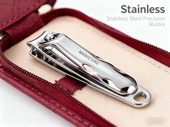 Manicure Sets Stainless Carbon Steel and Pedicure Kits – Nail Clippers with Leather Case, Portable Unisex (Ideal for Women) Personal Care Tools for Perfect Nail Grooming (Burgundy)