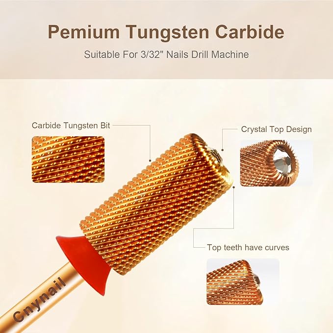 3/32" Large Barrel Crystal Top Tungsten Carbide Nail Drill Bit Safety Bit for Gel & Acrylic Removal, 2-Way Rotating Efile Tip, Salon Electric File Accessory (F Grit, Ti-Gold)