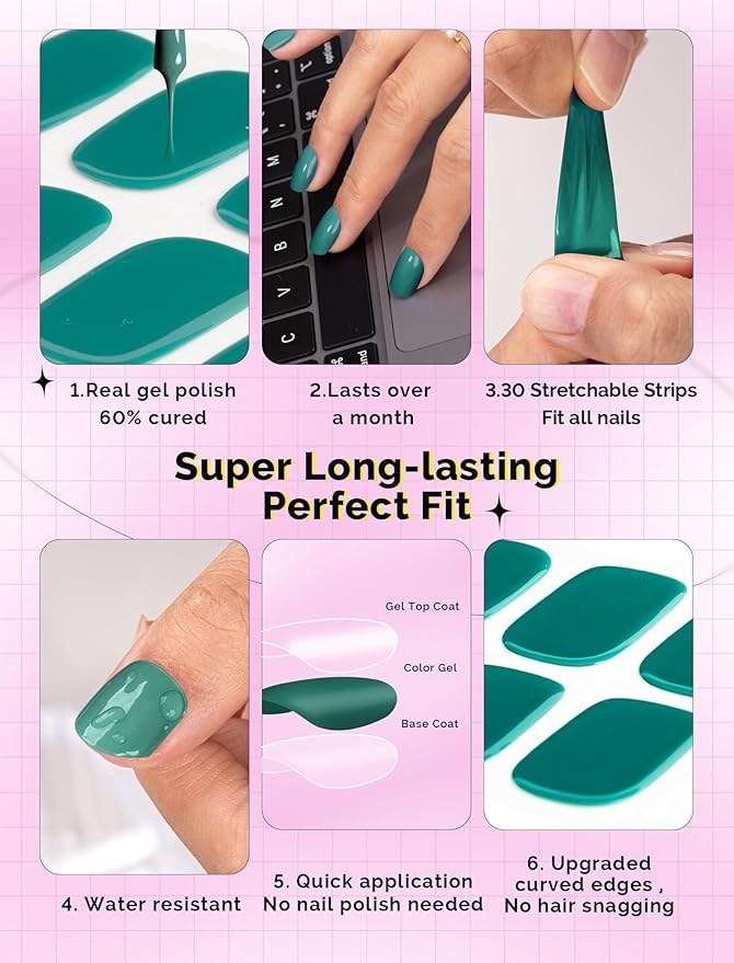 MelodySusie Green Gel Nail Strips, 30 Pcs, Salon Quality, Long Lasting, Includes Prep Pads, Nail File, Wooden Stick