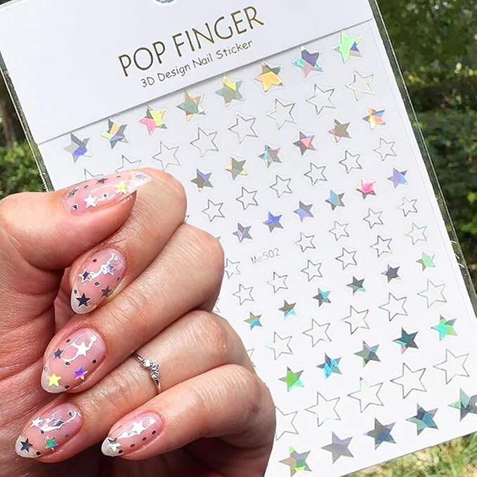 10PCS Silver Nail Stickers for Metallic Nail Art Decals, 3D Glitter Shiny Laser Silver Star Moon Sun Heart Self-Adhesive Sticker Nail Designs Stars Nail Stickers for Nails DIY Nail Tip Manicure Decor