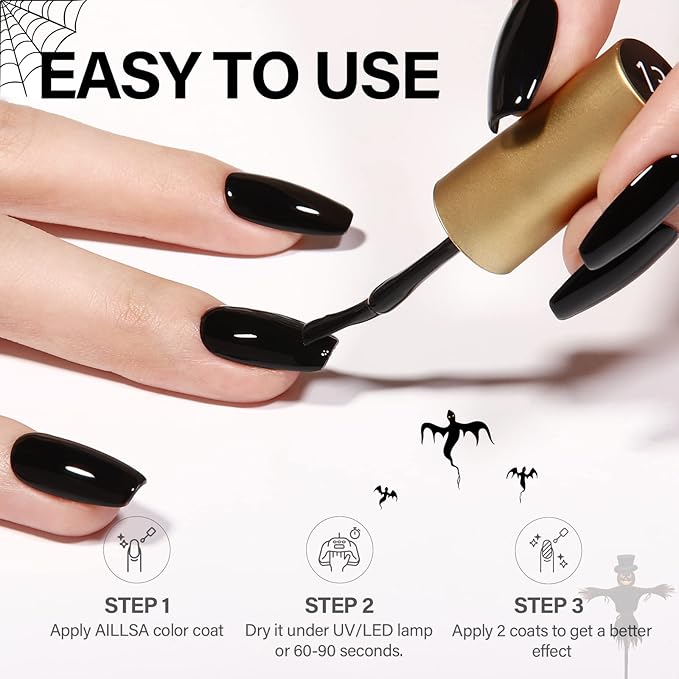 AILLSA Black Gel Nail Polish Coal Color Gel Polish Long Lasting Pure Dark Opaque Nail Polish High Glossy Soak Off U V Gels Nails Ink Black Gels Polish for Nail Art & Home Salon 0.51 Fl Oz