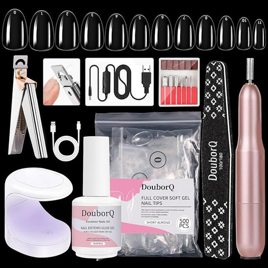 Major Dijit Gel Nail Kit - Beginner Set With Drill, 0.5oz 4-in-1 Glue, 500PCS Short Almond Tips, Clipper, UV Lamp for Extension & Art (Short Almond)