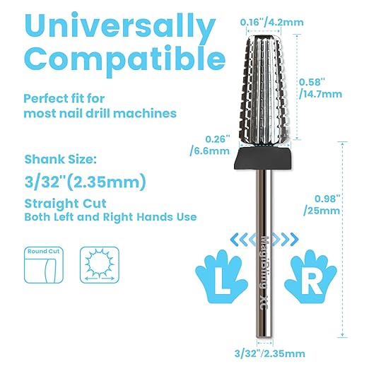 5 in 1 Nail Drill Bits, Straight Cut 3/32'' Professional Tungsten Carbide Bits, Two-way Rotation Easy for Left Hand, Hard Soft Gel Removal Fast Manicure Polishing, Extra Coarse