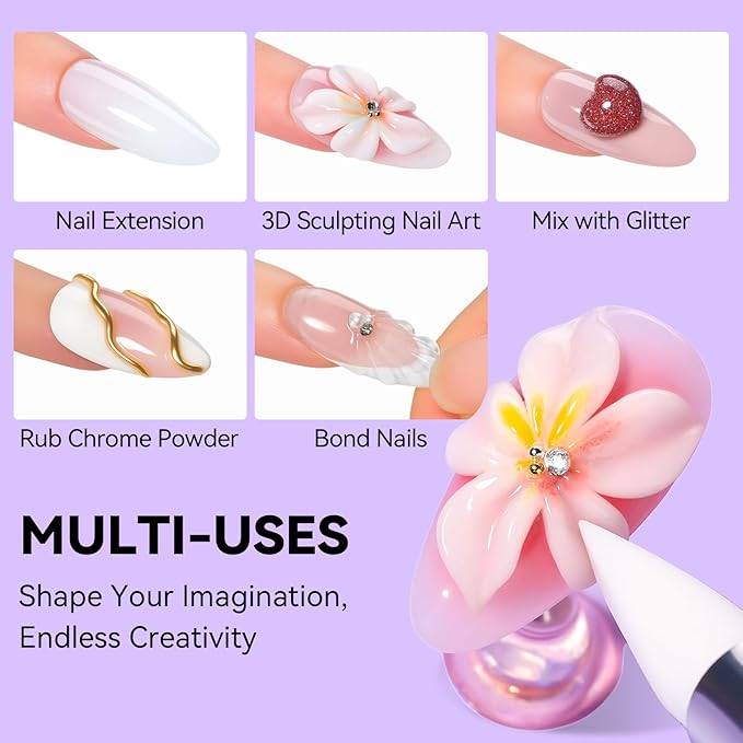 Makartt 3D Gel Nail Art: 4 in 1 White Solid Gel Builder Diy Kit for 15ML Nail Extension Gels, 4pcs Silicone Molds, 1 sculpture Brush, Nails Art Glue for Acrylic Nails Carving Manicure for Home Salon