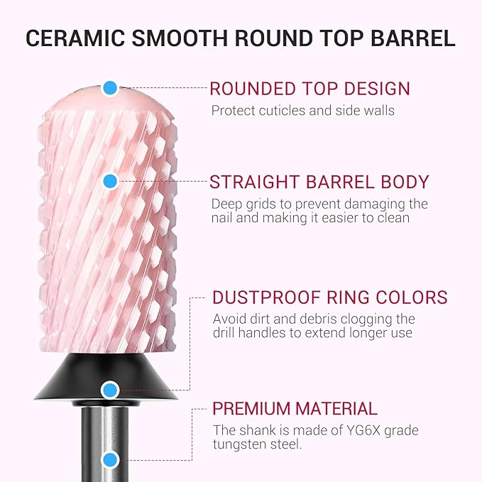 MelodySusie Ceramic Nail Drill Bit, 3/32'' Smooth Round Top Large Barrel Bits, Suitable for Manicure Pedicure Cuticle Gel Polishing, Beginners Bits, Pink, Series Bit-S, Extra Coarse