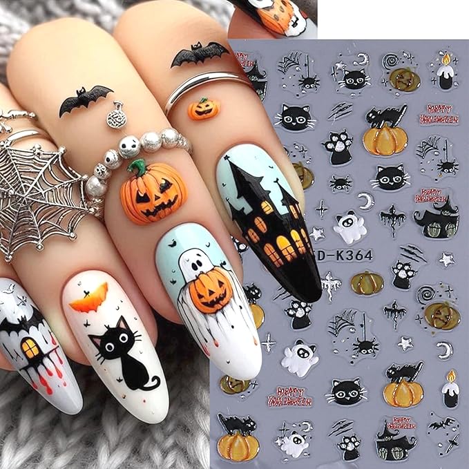2Sheets Halloween Nail Art Stickers 5D Embossed Black Cat Spider Nail Decals for Acrylic Nails Self-Adhesive Cute Ghost Pumpkin Designs Nail Sticker Spider Web Skull Nail Decal for Women Nails Decor