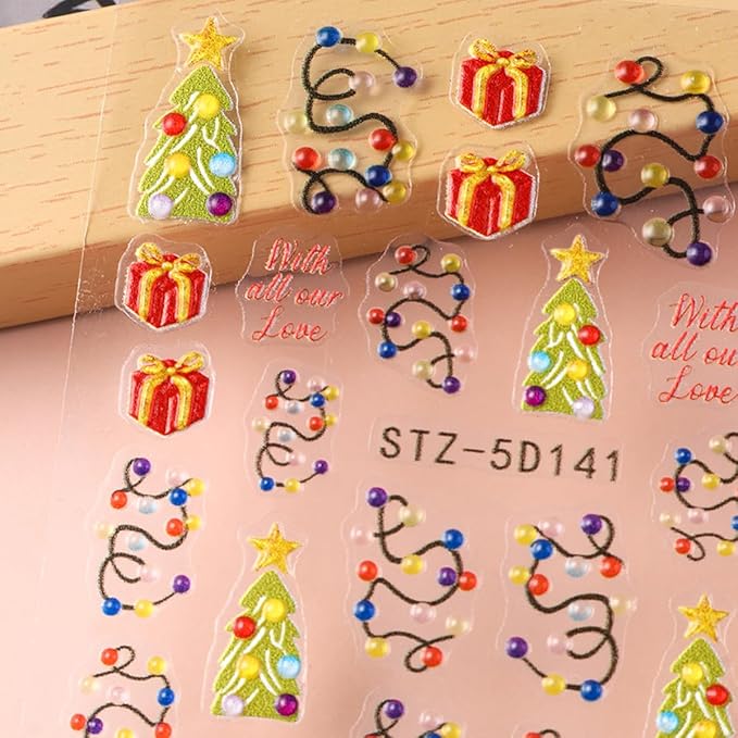 Christmas Nail Art Stickers 5D Embossed Colorful Light Nail Decals 2PCS Xmas Tree String Light Gift Box Self-Adhesive Xmas Nails Design Nail Art Supplies Stickers for Women Manicure Decorations