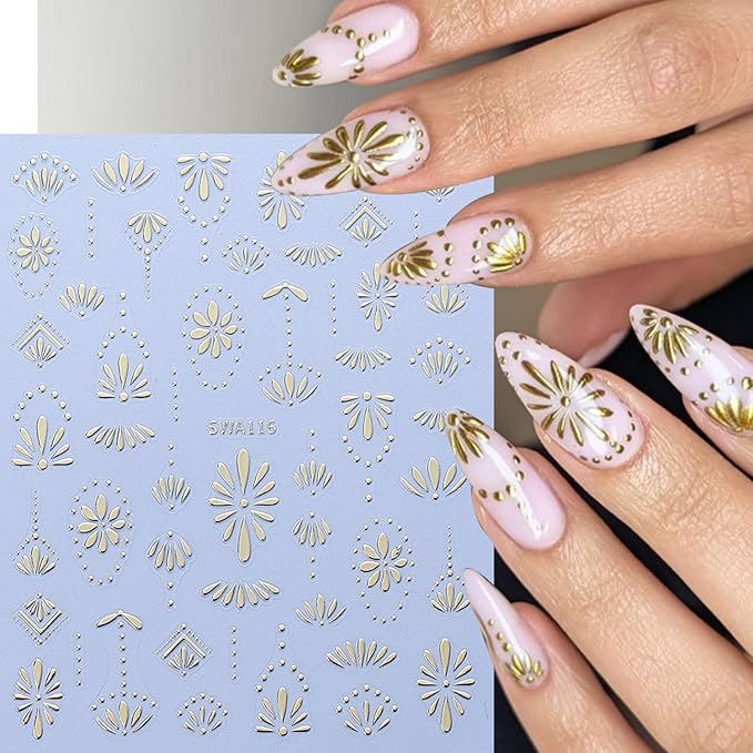6Sheets Retro Flower Nail Art Stickers 3D Bohemian Style Design Nail Decals Self-Adhesive Gold Silver Petals Line Nail Sticker Boho Blue Floral Nail Decal for Women DIY Manicure Charms Decor Supplies