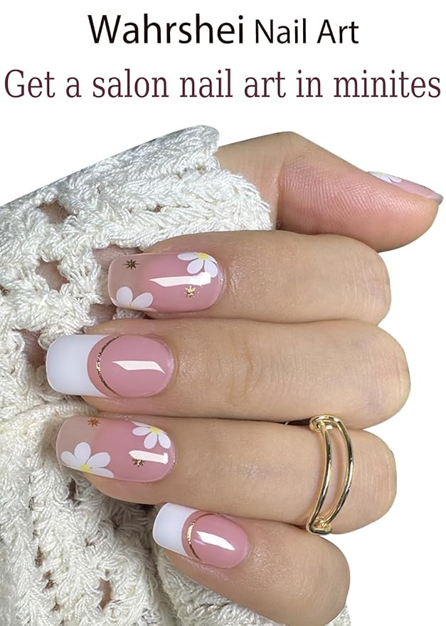 Semi Cured Gel Nail Strips - French Pink Flower Hydrangea Nail Wraps, 20pcs, UV Ready for DIY Nails