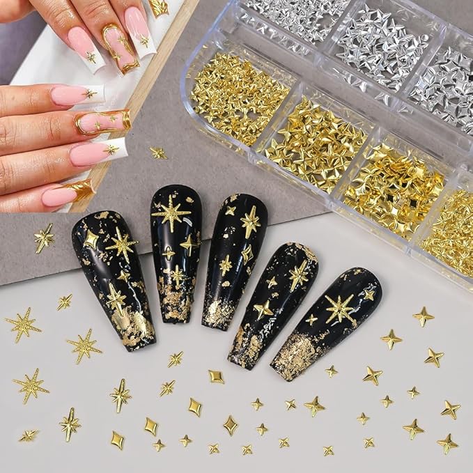 3D Star Nail Charms, Gold & Silver Multi-Shapes Metallic Nail Art Gems and Small Round Caviar Beads, Craft Jewels Nail Rhinestones Accessories Manicure Decor with Tweezers and Pick-up Pencil 4