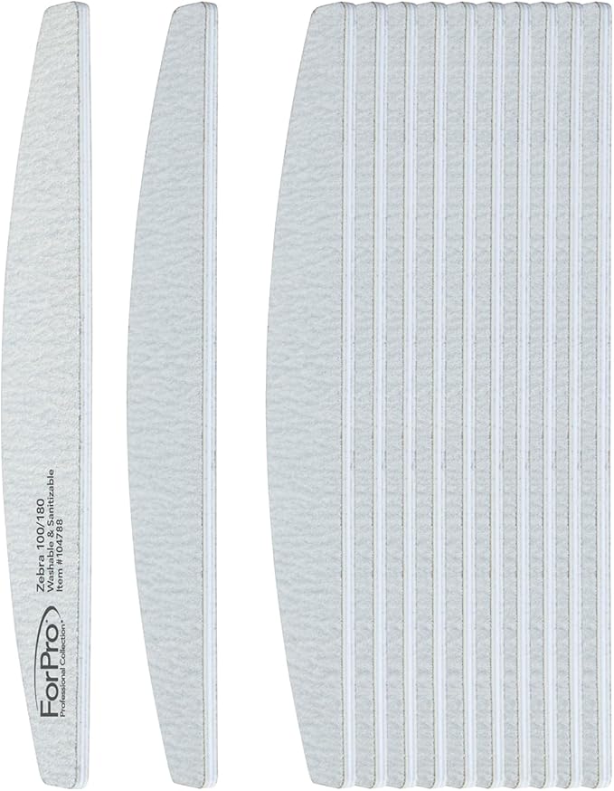 ForPro Professional Collection Half Moon Foam Boards, Zebra, 100/180 Grit, Double-Sided Manicure and Pedicure Nail Files, 7” L x 1.1” W, 12-Count (Pack of 12)