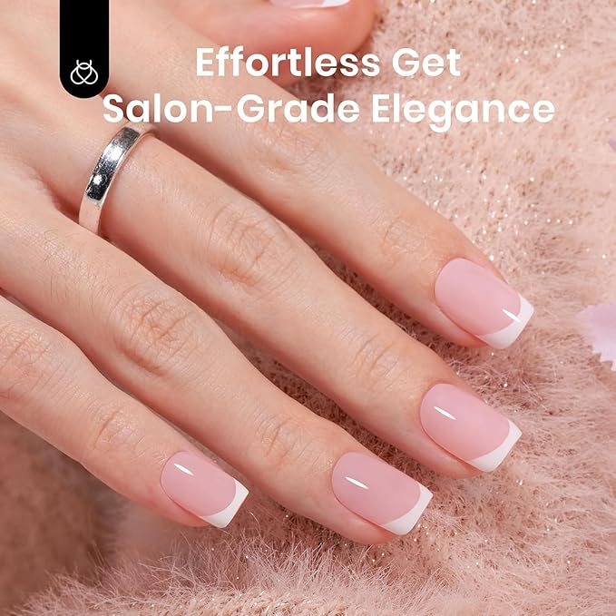 Beetles X Press Plus French Tip Nails - Peach French | Pink Extra Short Square Press On Nails | 15 Sizes 210 Pcs Natural Salon Quality Gel Nail Tips