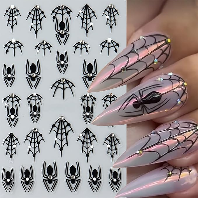 4 Sheets Halloween 5D Embossed Spider Nail Stickers for Nail Art Exquisite Glitter Rhinestones Nail Design Stickers Self-Adhesive Evil Eye Nail Decals Holiday Nail Art Decoration for Women DIY Set