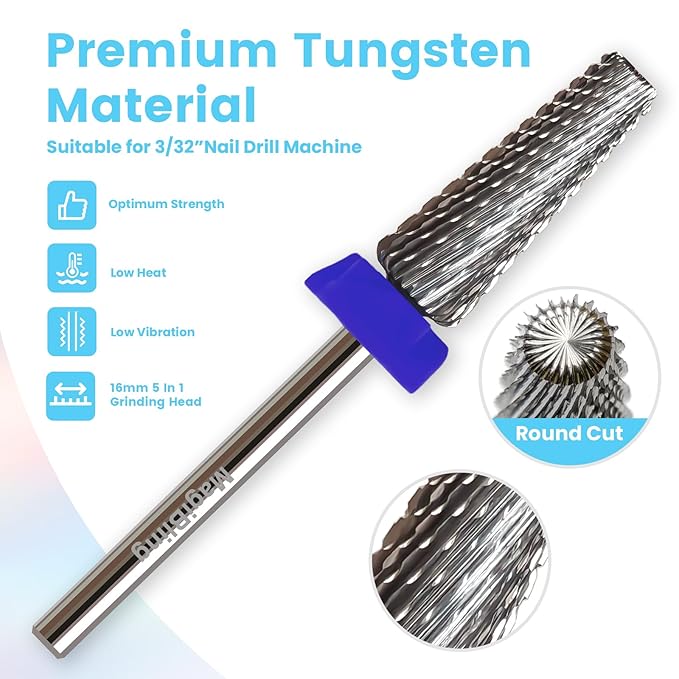 16mm 5 in 1 Tapered Barrel Nail Drill Bits, 3/32'' Safety Tungsten Carbide Bits, Right & Left Rotation, Manicure Cuticle Gel Acrylic Removal Polishing, Technicians Bits, Medium.