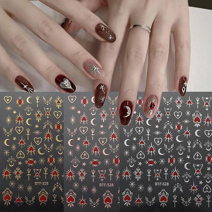 12 Sheets Gold Nail Art Stickers 3D Self-Adhesive Nail Stickers Sliver Star Nail Decals Red Heart Moon Nail Supplies Nail Art Design Gold Manicure Decorations for Women and Girls