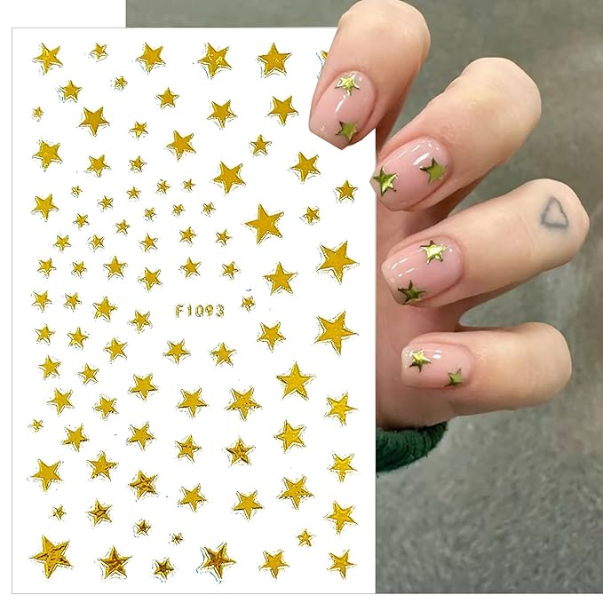 8Pcs Star Nail Stickers for Nail Art, 4 Color Star Nail Decals 3D Glitter Shiny Gold Silver White Black Stars Nail Designs Foil Transfer Sticker Pentagram Tip Slider DIY Manicure Decor Supplies