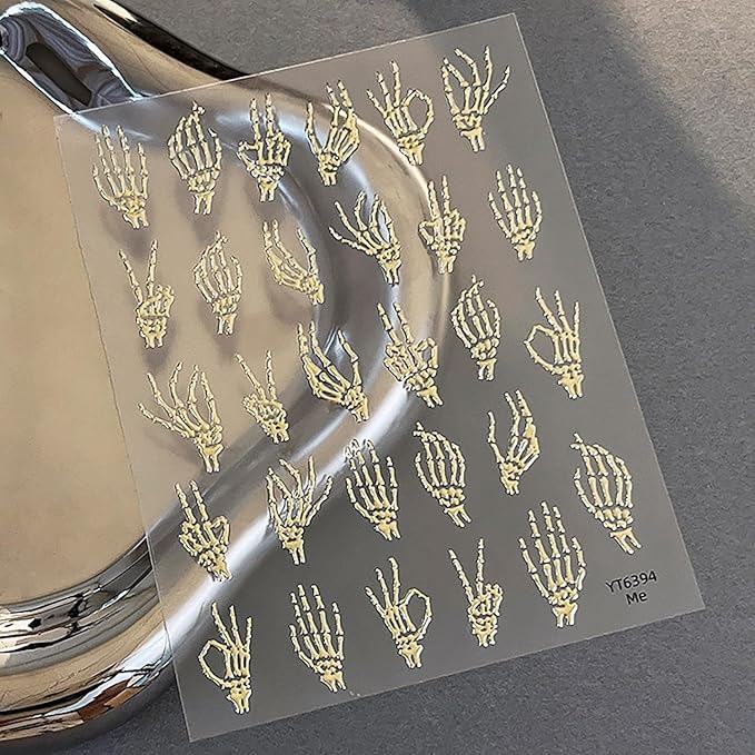 2 Sheets 5D Halloween Nail Stickers for Nail Art Self-Adhesive Embossed Hand Bones Nail Art Stickers Gold Silver Horror Hand Bone Nail Decals Halloween Nail Design Sticker for Women DIY Manicure