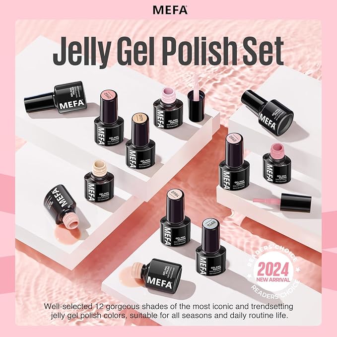 MEFA Jelly Gel Nail Polish Set, 12 Colors Nude Pink Milky White Sheer Nail Polish Neutral Transparent Gel Nail Soak Off DIY Nail Art Home Salon Manicure Gifts for Girls