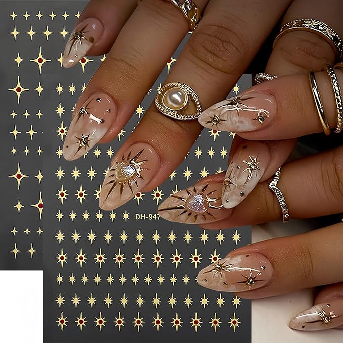 5 Sheets Star Nail Art Stickers 3D Self-Adhesive Gold Stars Starlight Nail Stickers with Red Rhinestones Design Nail Decals Star Moon Nails Sticker for Women Daily DIY Manicure Decoration