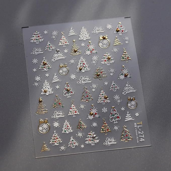 Christmas Nail Art Stickers 5D Christmas Tree Snowflake Nail Decals with Pearl 1PCS White Gold Xmas Tree Crystal Ball Snowflakes Design Self-Adhesive Holiday Stickers for Nails Manicure Decoration