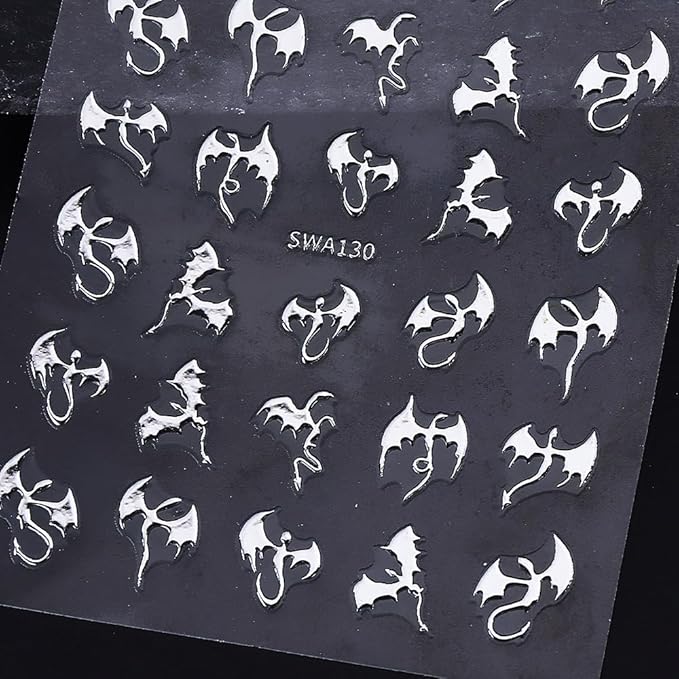 Dragon Nail Art Stickers 3D Metallic Flying Devil Bat Halloween Nail Decals 6PCS Golden Silvery Holographic Y2k Dragon Nail Stickers Sweet Punk Style DIY Halloween Nail Art Salon Decorations Supplies